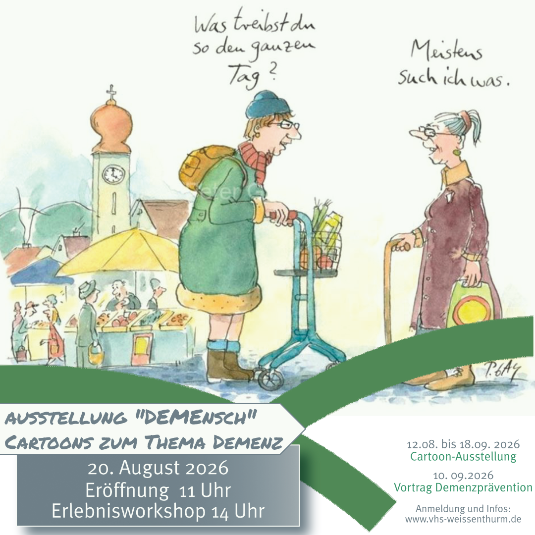 Eröffnung Ausstellung DEMENSCH Grafik Ein Cartoon aus der Ausstellung verbunden mit den Angaben zur Eröffnung ist hinter einem Teil des VG-Logos platziert.