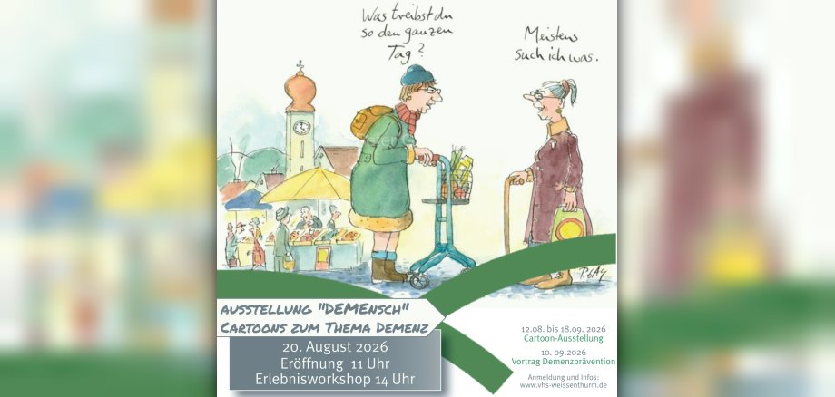 Eröffnung Ausstellung DEMENSCH Grafik Ein Cartoon aus der Ausstellung verbunden mit den Angaben zur Eröffnung ist hinter einem Teil des VG-Logos platziert.