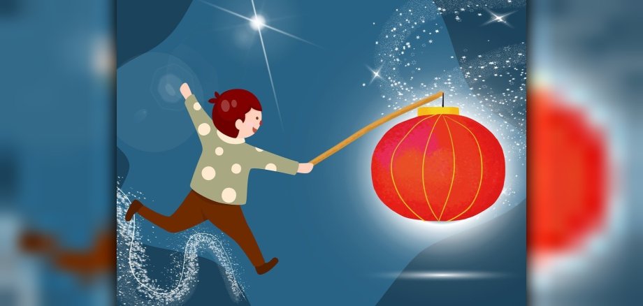 Laterne laufen Ein stilisierter Junge mit einer roten, runden Laterne in der rechten Hand läuft von links nach rechts, hebt die linke Hand vor einem blauen Hintergrund, auf dem ein heller Stern zu sehen ist.