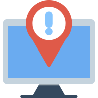 Vor einem Bildschirm ist die Markierung eines Ortes mit einem Ausrufezeichen zu sehen.