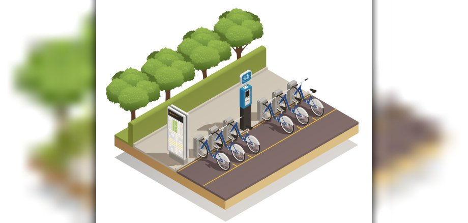 Isometrisches Designkonzept für urbanen Öko-Transport mit einigen verfügbaren Leihfahrrädern am Bahnhof und einem Kassenautomaten zur Bezahlung (Vektorillustration)