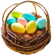 In einem Korb mit einem Henkel liegen sieben gelb, rose, hellblau und hellgrün gefärbte Eier. 