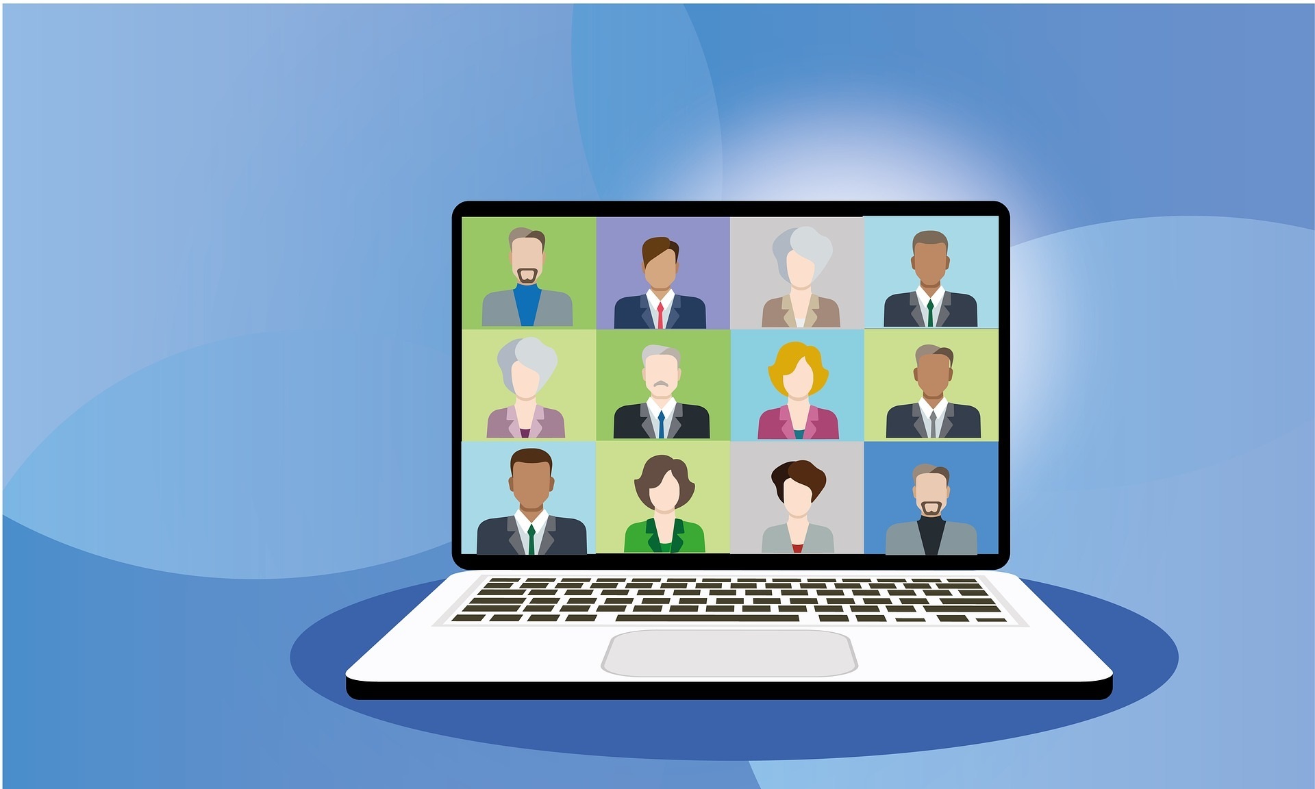 Videokonferenz  Auf einem Computer findet eine Videokonferenz statt wo ganz viele Menschen mit Einander reden.