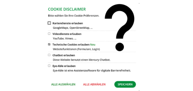 Screenshot der Maske für die Auswahl der Cookie-Präferenzen mit einem großen, schwarzen Fragezeichen.