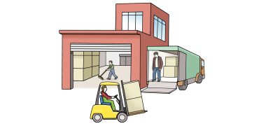 Vor der geöffneten Halle eines stilisierten Fabrikgebäudes, in der ein Mitarbeiter arbeitet, fährt eine Person mit einem beladenen Gabelstapler, rechts neben dem Gebäude steh ein LKW mit geöffneter Heckklappe, darin Pakete und ein Mitarbeiter. 