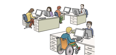 in einem Raum stehen drei Schreibtische, an denen jeweils zwei Personen arbeiten.