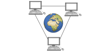 Internet Über einem Erdball sind links und rechts jeweils ein Computer mit Tastatur und Maus zu sehen, ebenso ein Computer unter dem Erdball. Die drei Rechner sind mit Linien verbunden.