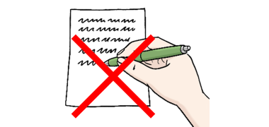 Keine Speicherung Eine stilisierte Hand hält einen Stift und schreibt etwas auf ein weißes Blatt, darüber ein großes, rotes X