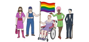 Fünf Personen, darunter ein bärtiger Mann einem Damenkleid und eine Frau im Rollstuhl, finden sich neben einer Regenbogenfahne. 