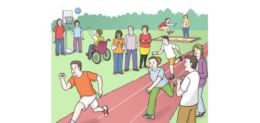 Auf einem Sportplatz sind Läuferinnen und Läufer auf der Bahn unterwegs, im Hintergrund machen Personen Weitsprung, links spielt jemand im Rollstuhl Basketball und es sind Zuschauerinnen und Zuschauer da. 