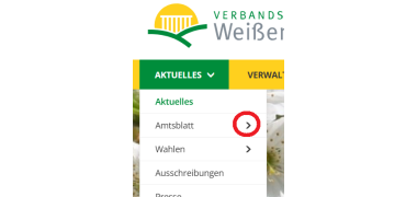 Auf der Startseite der Internetseite der Verbandsgemeinde Weißenthurm ist die Rubrik Aktuelles geöffnet und der Pfeil nach rechts rot markiert. 