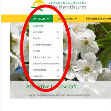 Startseite 5 Screenshot des geöffneten, rot umrandeten Reiters Aktuelles auf der Startseite der VG-Internetseite.