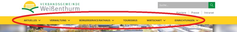 Auf der Startseite der Internetseite der Verbandsgemeinde Weißenthurm sind die 6 Bereiche in der obersten Zeile rot markiert. 