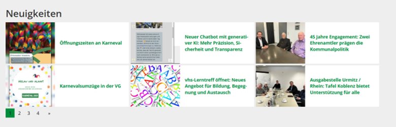 Screenshot der unter der Rubrik Neuigkeiten veröffentlichten Pressemitteilungen auf der Startseite der VG-Internetseite. 