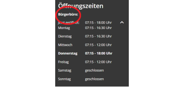 Auf der Startseite der Internetseite der Verbandsgemeinde Weißenthurm sind in der Fußzeile die Öffnungszeiten des Bürgerbüros angegeben.