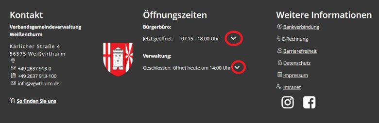 Auf der Startseite der Internetseite der Verbandsgemeinde Weißenthurm sind in der Fußzeile die Öffnungszeiten angegeben.