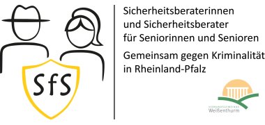 Logo Seniorensicherheitsberatung Ein stilisierter Mann mit Hut und eine Frau mit Pferdeschwanz sind hinter einem Wappen mit der Aufschrift SfS zu sehen.