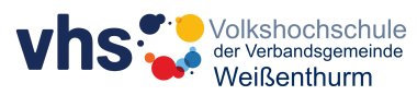 Das Logo der vhs mit bunten Kreisen, links davon der Schriftzug vhs in Kleinbuchstaben, rechts der Schriftzug Volkshochschule der Verbandsgemeinde Weißenthurm.
