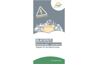 Das Titelblatt des Flyers Stromausfall mit der Überschrift "Blackout - Stromausfall - und dann? Ratgeber für die Eigenvorsorge" mit dem Logo der VG.