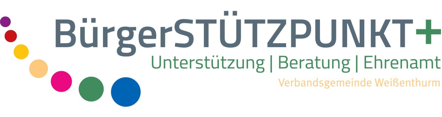 Logo Bürgerstützpunkt links finden sich in einem Halbkreis angeordnete Kreise, daneben die Schrift BürgerSTÜTZPUNKT+